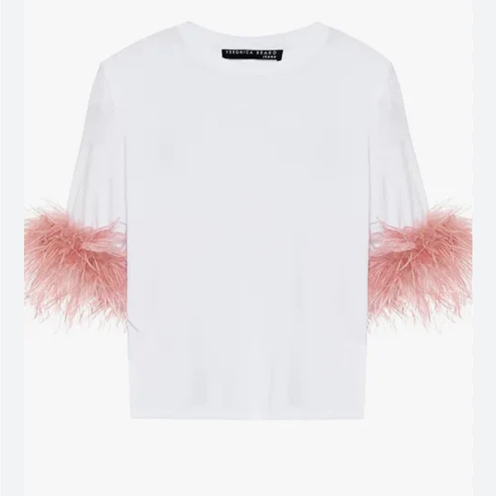 Veronica Beard Wanda Feather Trim Crop Cotton Tee In white and pink